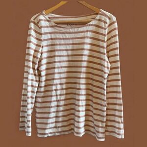 Women Loft Ivory/Deep Orange Striped Scoop Neck LS Knit Cotton Shirt-Size Medium